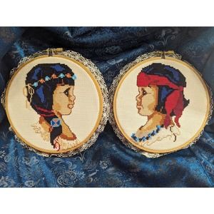 Pair of Vintage Sunset Designs Finished Cross-stitch Girl & Boy Hoops (1984)